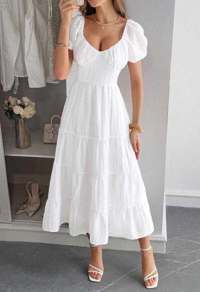 Scoop Neck Tie-Back Crinkle Tiered Dress in White