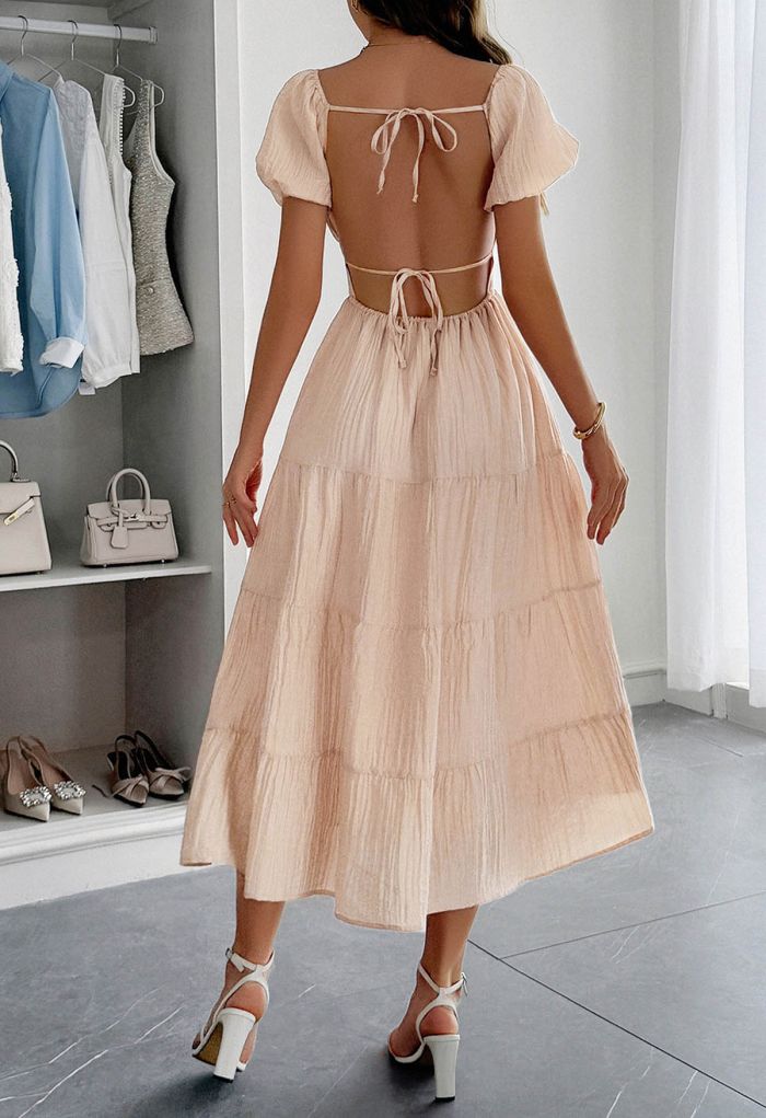 Scoop Neck Tie-Back Crinkle Tiered Dress in Dusty Pink