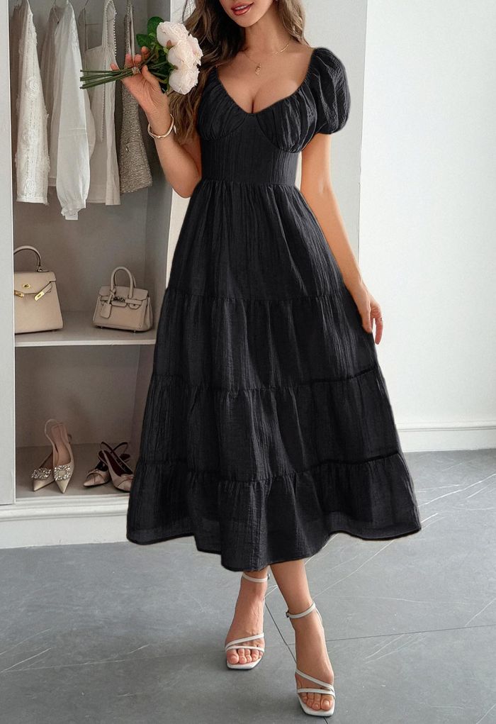 Scoop Neck Tie-Back Crinkle Tiered Dress in Black