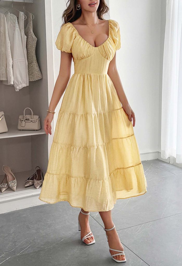 Scoop Neck Tie-Back Crinkle Tiered Dress in Light Yellow