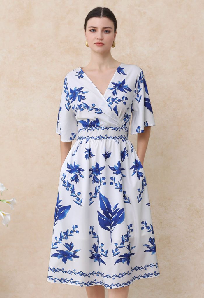 Indigo Lily Printed Faux-Wrap Midi Dress