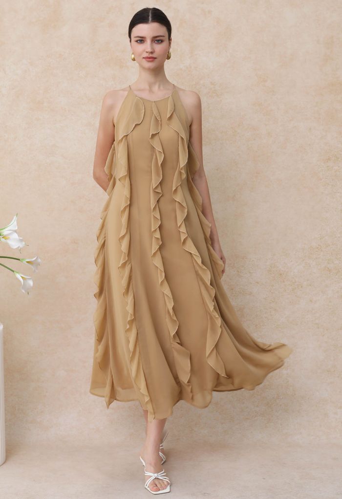 Whispering Cascade Ruffle Chiffon Maxi Dress in Tan