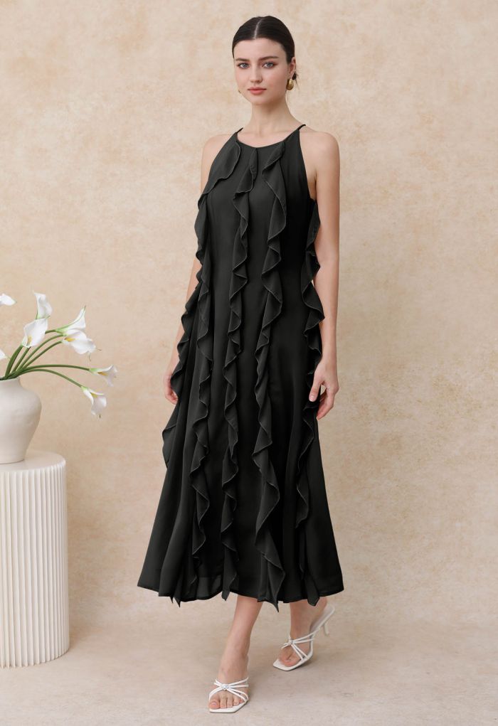 Whispering Cascade Ruffle Chiffon Maxi Dress in Black