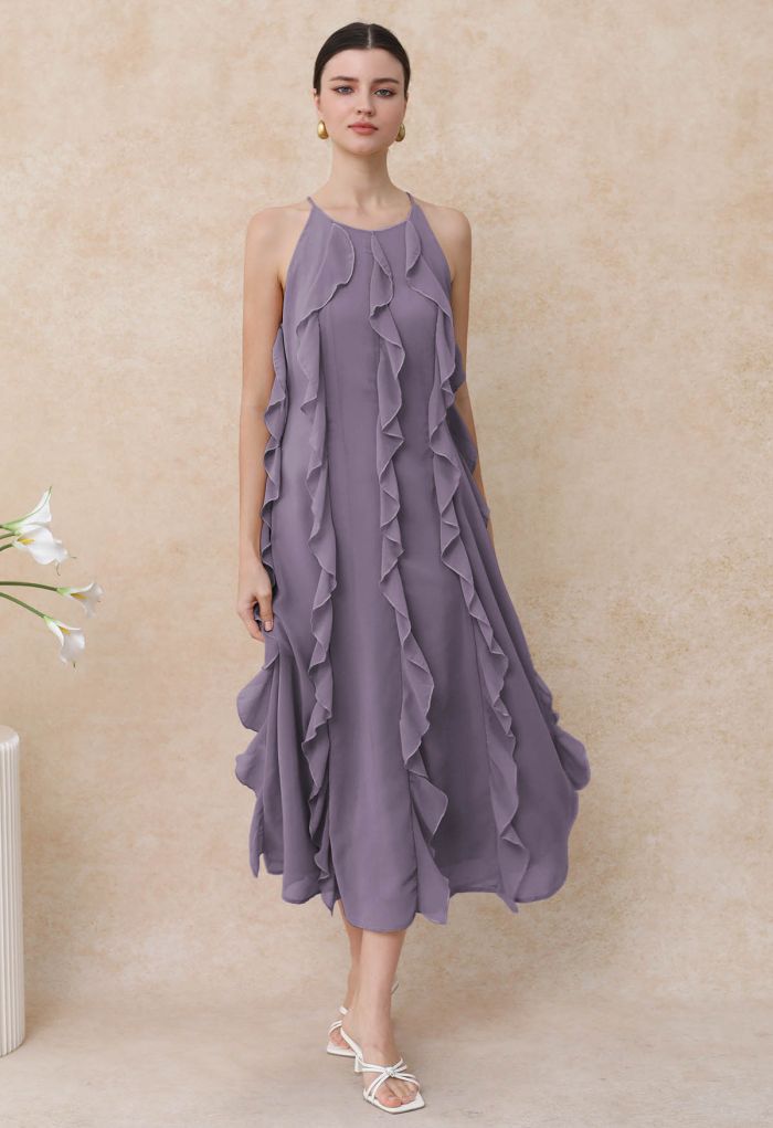Whispering Cascade Ruffle Chiffon Maxi Dress in Purple