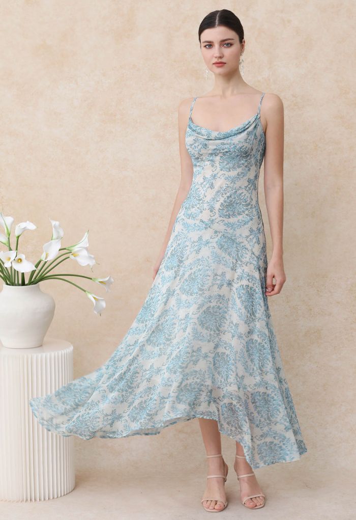 Blue Damask Drape Neck Asymmetric Chiffon Dress