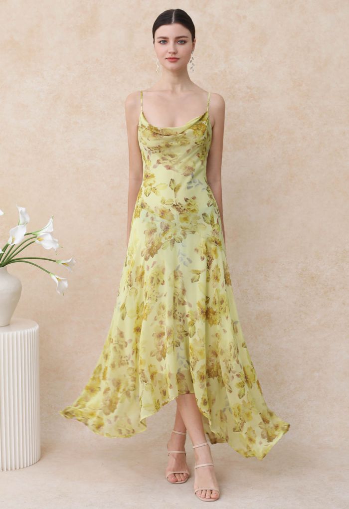 Yellow Floral Drape Neck Asymmetric Chiffon Dress