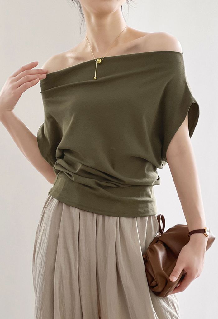 Off-Shoulder Batwing Sleeve Pleated Top in Olive