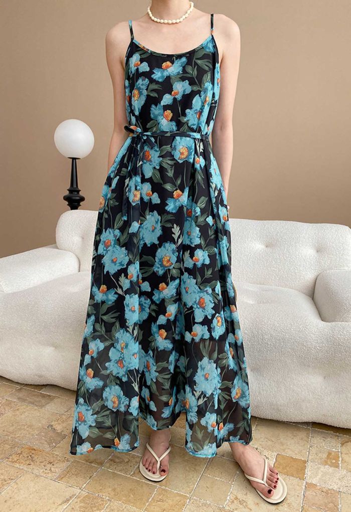 Painting Floral Side Pocket Chiffon Cami Dress