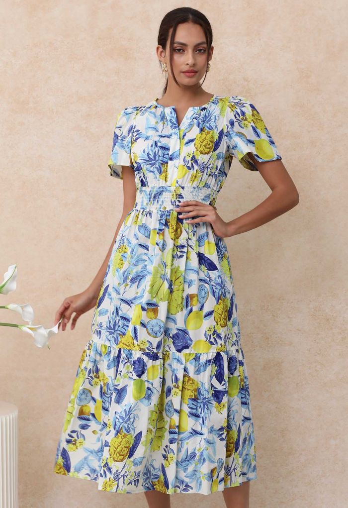 Tropical Fruit Dreamland Notch Neckline Cotton Midi Dress in Navy