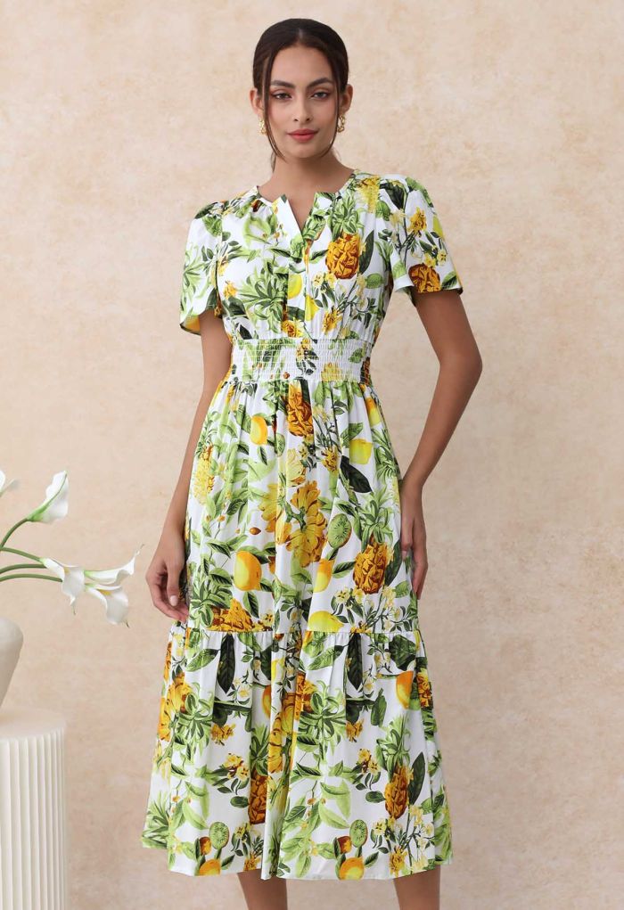 Tropical Fruit Dreamland Notch Neckline Cotton Midi Dress in Green