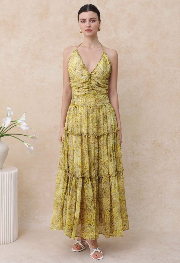 Abstract Paisley Drawstring Halter Neck Chiffon Dress