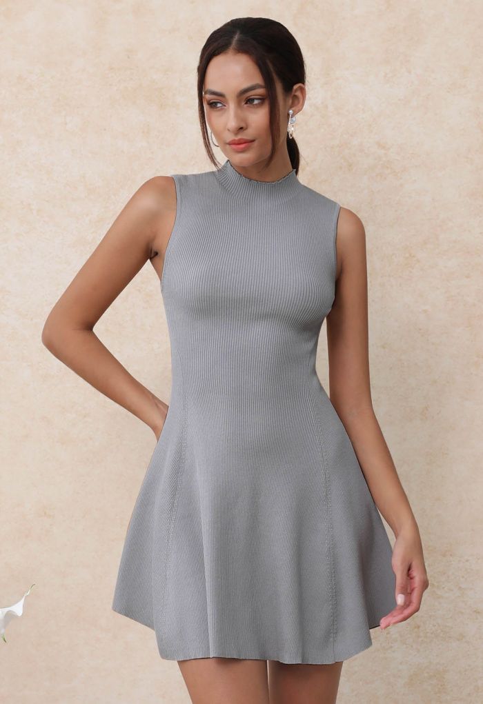 Mock Neck Rib Knit Skater Dress in Grey