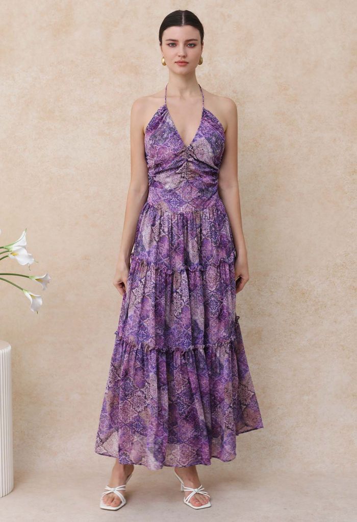 Boho Tile Drawstring Halter Neck Chiffon Dress