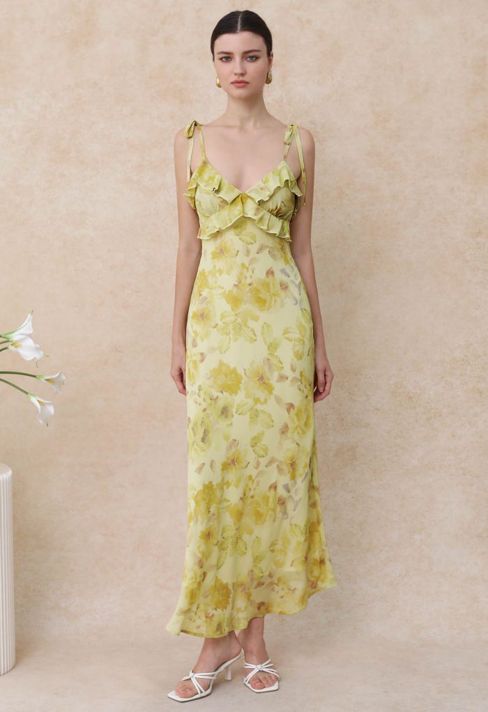 Yellow Floral Printed Ruffle Chiffon Cami Dress