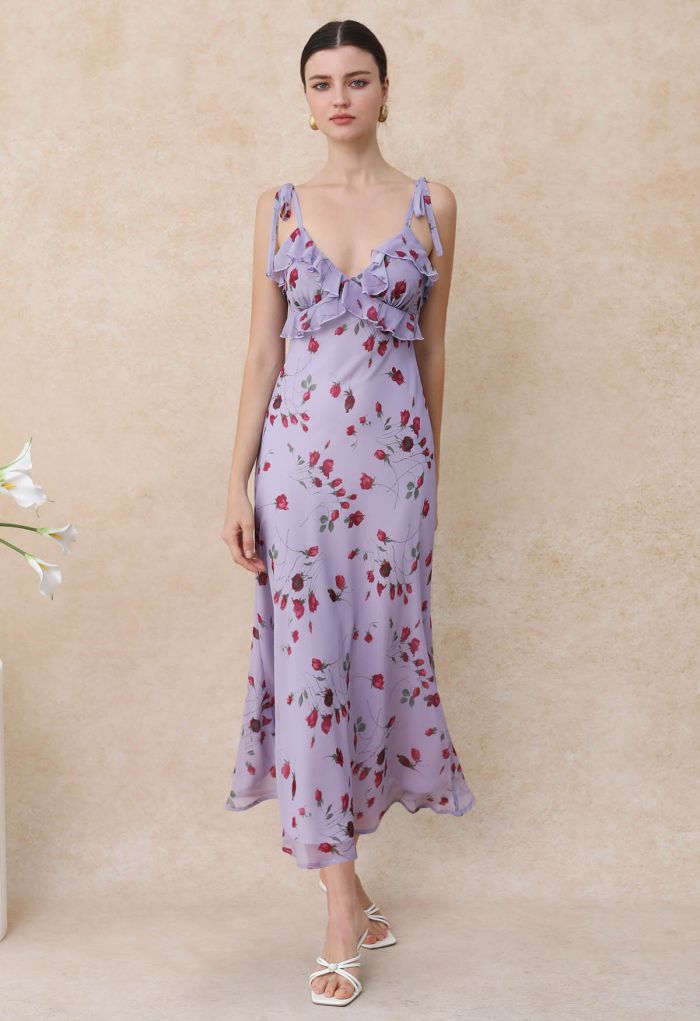 Rose Bud Printed Ruffle Chiffon Cami Dress