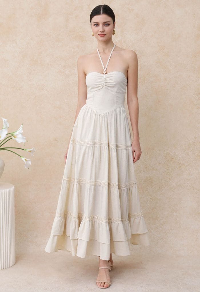 Resin Bead Halter Neck Lace Panel Tiered Dress in Ivory