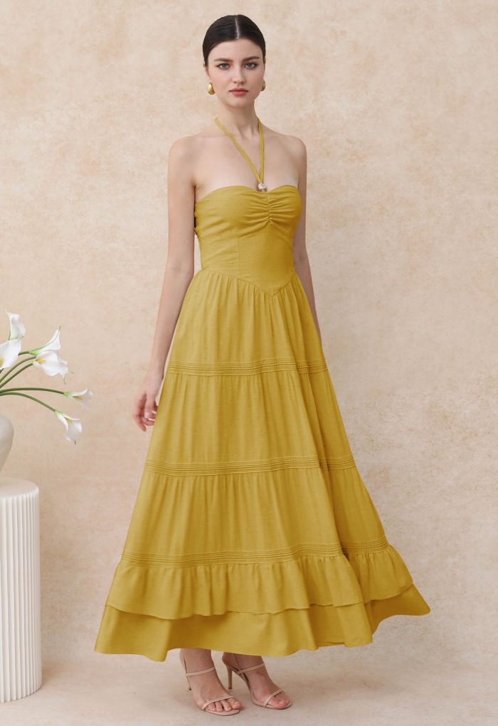 Resin Bead Halter Neck Lace Panel Tiered Dress in Mustard