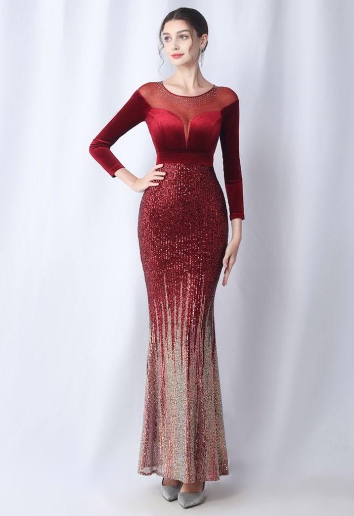 Ombre Sequins Velvet Spliced Gown in Burgundy