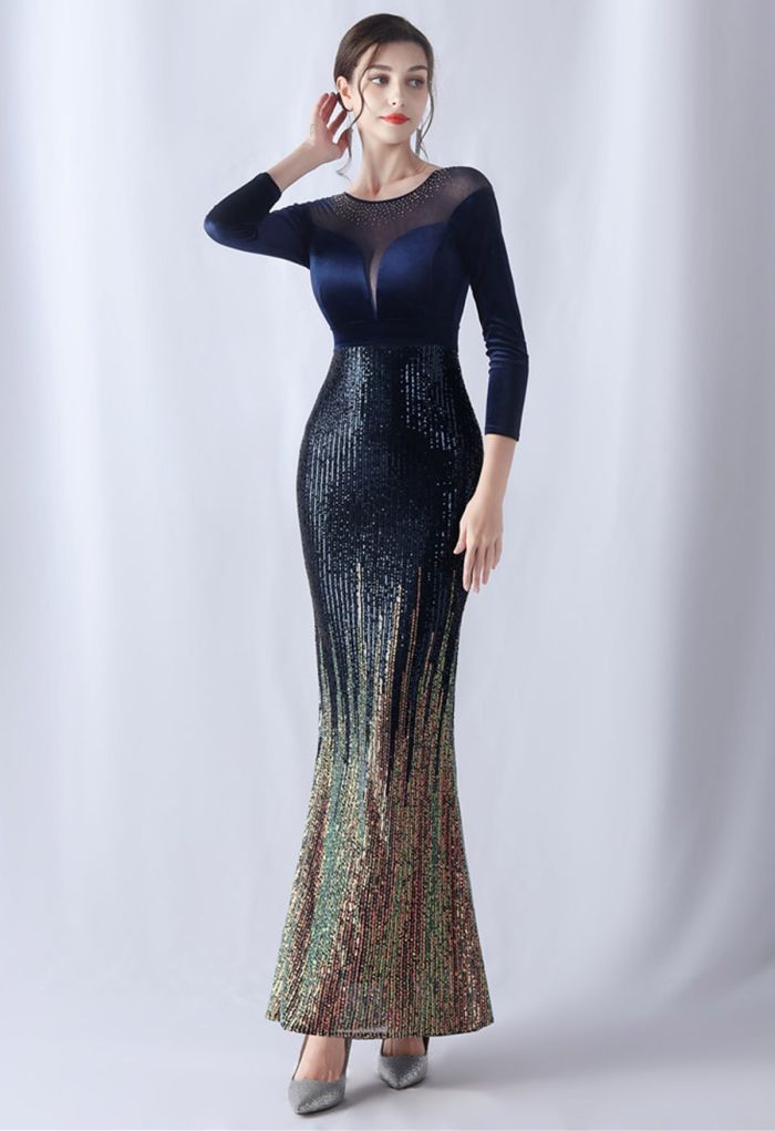 Ombre Sequins Velvet Spliced Gown in Navy
