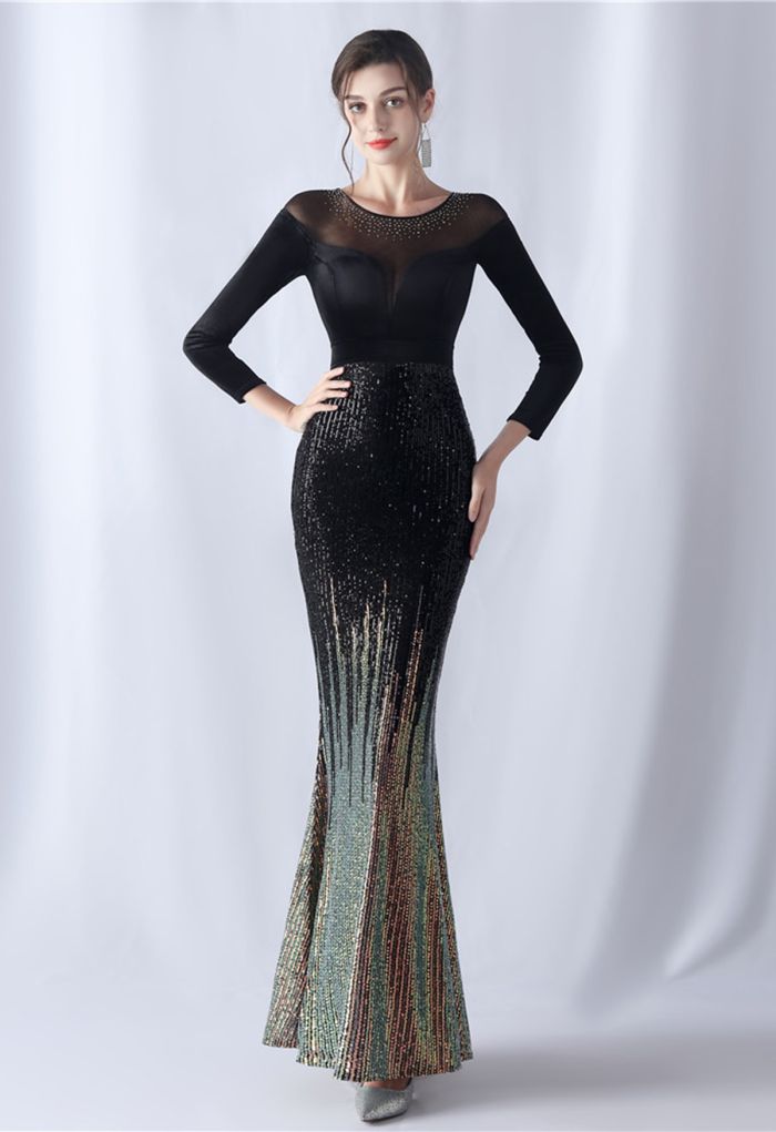 Ombre Sequins Velvet Spliced Gown in Black