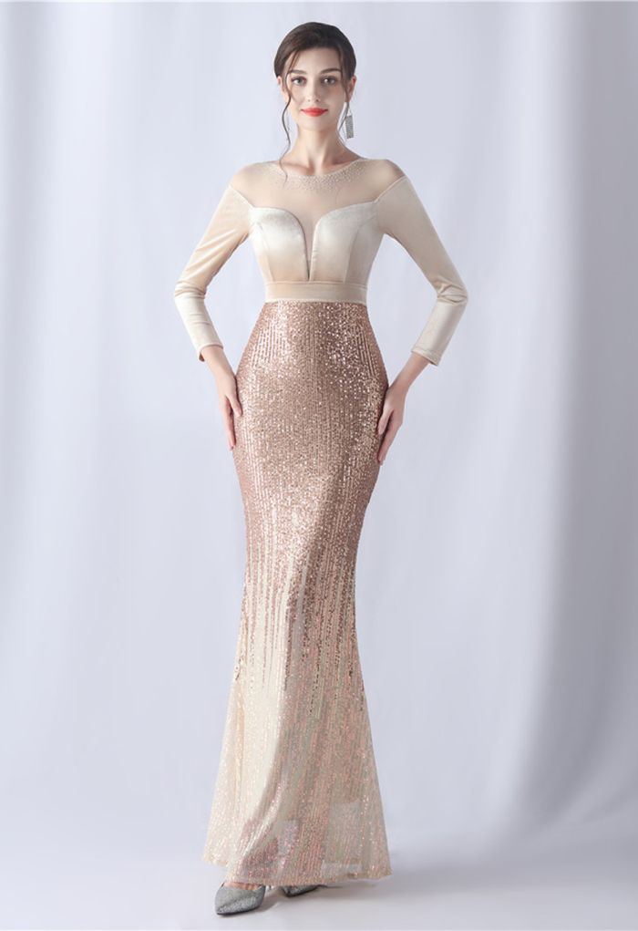 Ombre Sequins Velvet Spliced Gown in Champagne