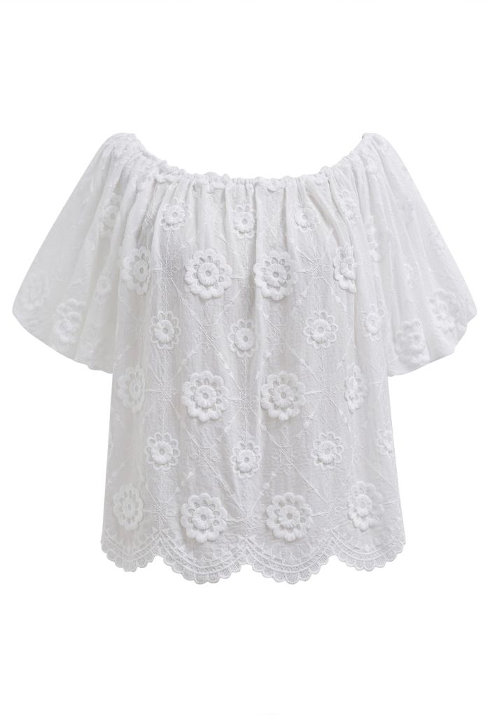 3D Fringed Floral Puff Sleeve Cotton Top