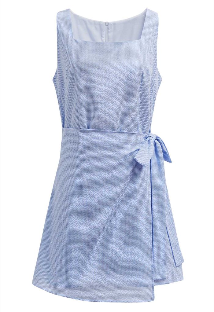 Square Neck Gingham Printed Flap Dress in Blue
