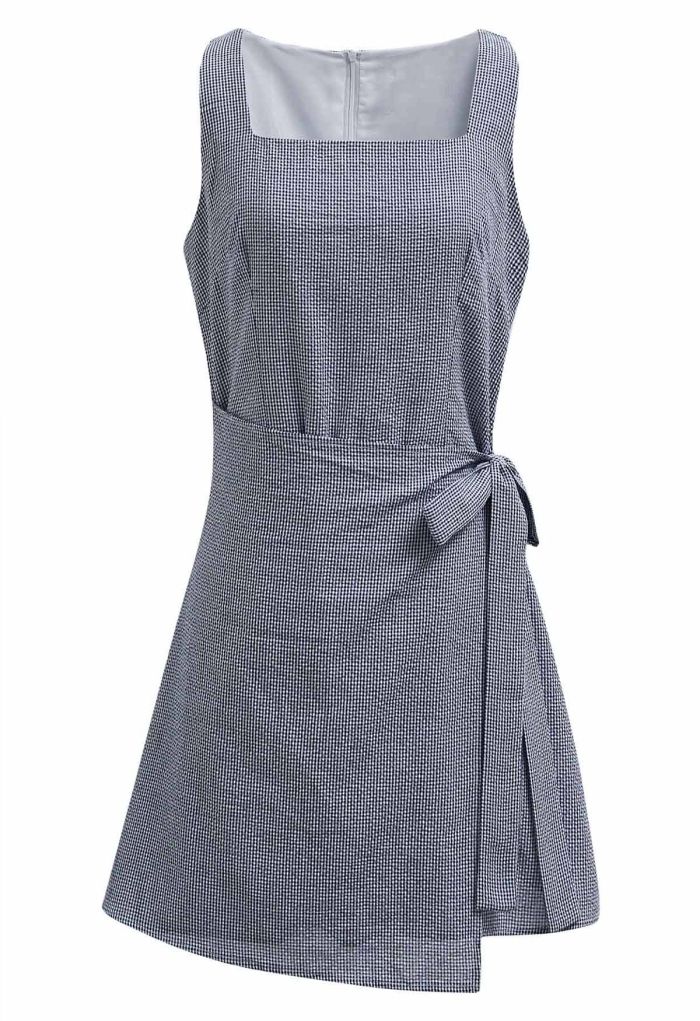 Square Neck Gingham Printed Flap Dress in Navy