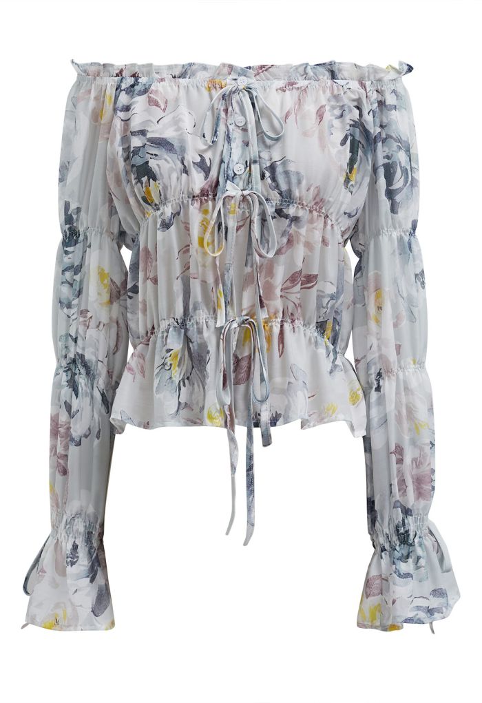 Watercolor Print Button Front Sheer Top in Grey