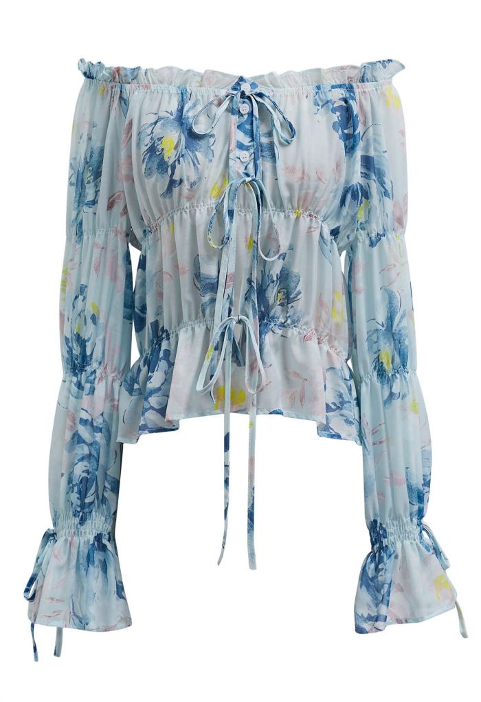 Watercolor Print Button Front Sheer Top in Blue