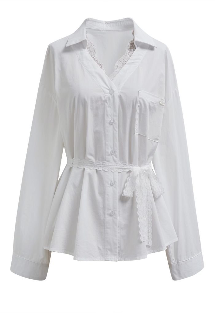 Lace Trimmed Button Down Cotton Shirt in White