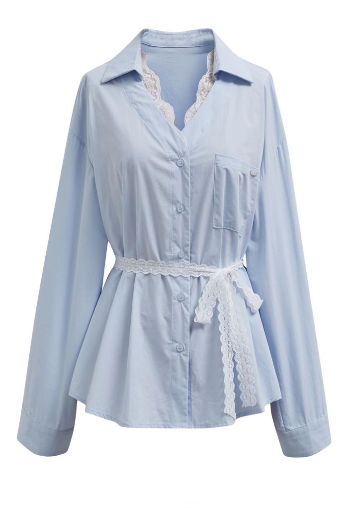 Lace Trimmed Button Down Cotton Shirt in Blue