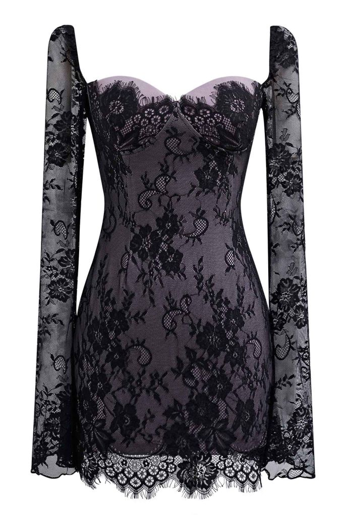 Floral Lace Overlay Flare Cuff Mini Dress