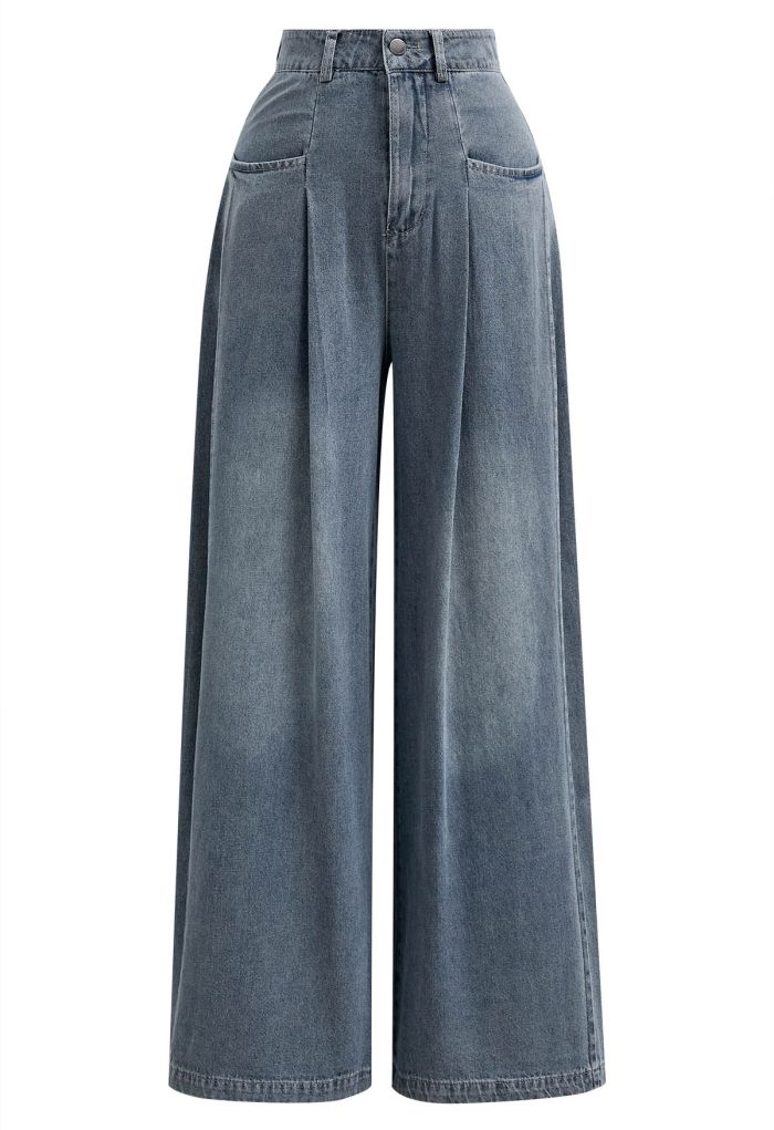 Patch Pocket Wide-Leg Wash Denim Jeans