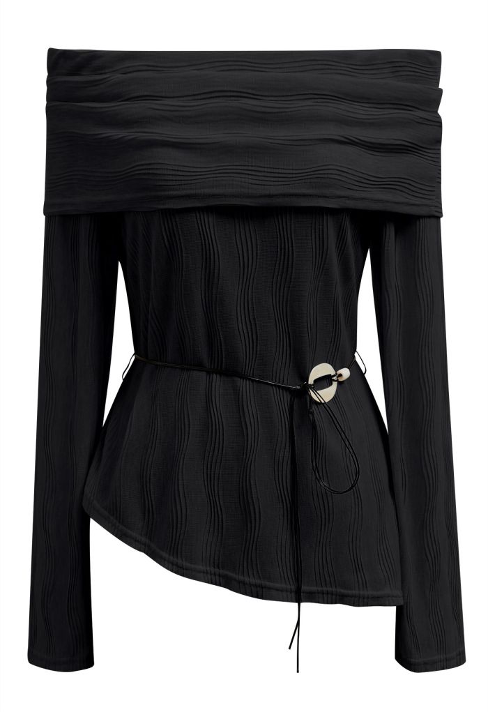 Flap Off-Shoulder Tie-Waist Asymmetric Knit Top in Black