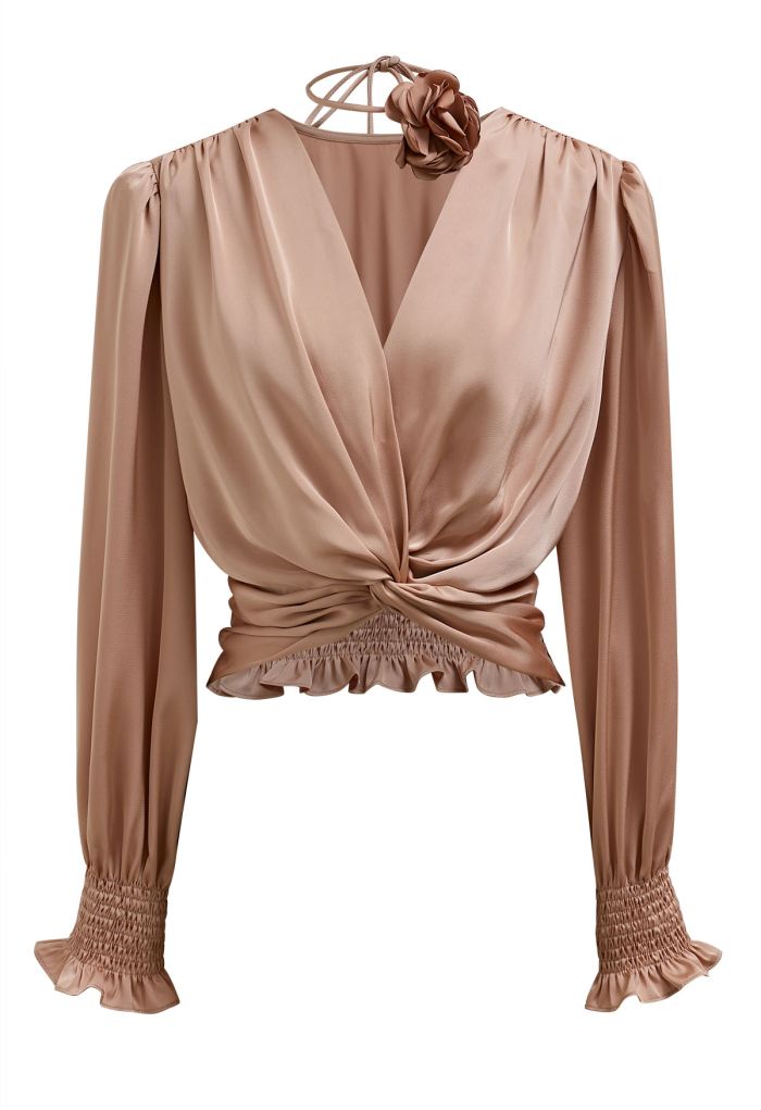 Rose Choker Twisted Shirred Top in Coral