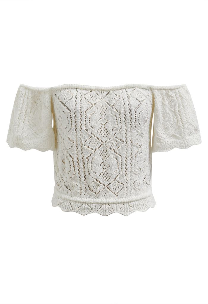 Off-Shoulder Eyelet Knit Crop Top in White