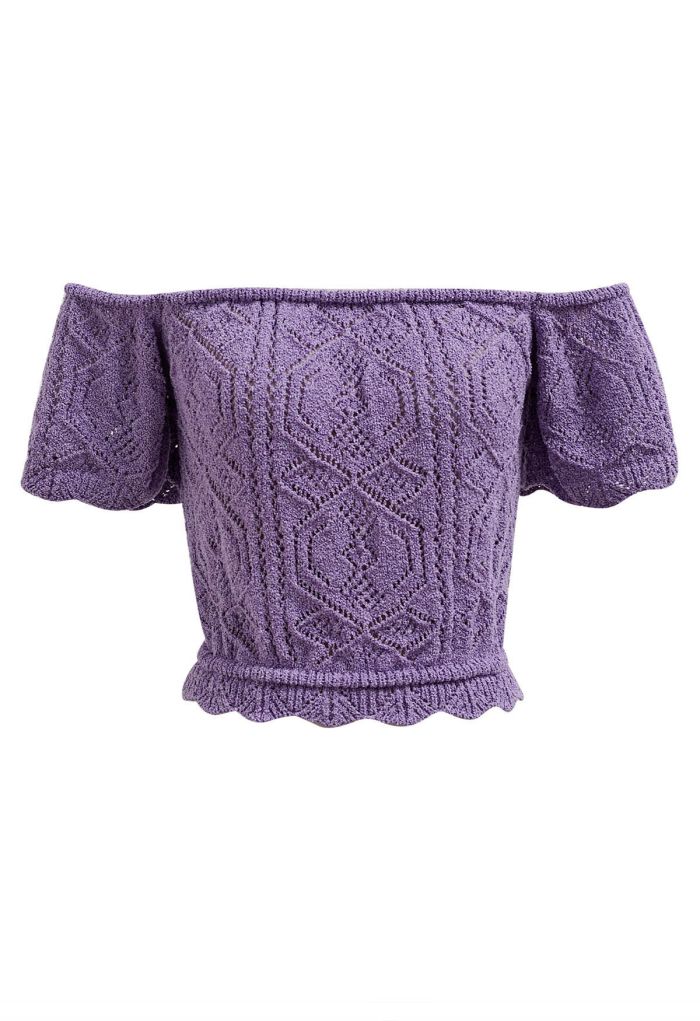 Off-Shoulder Eyelet Knit Crop Top in Lavender