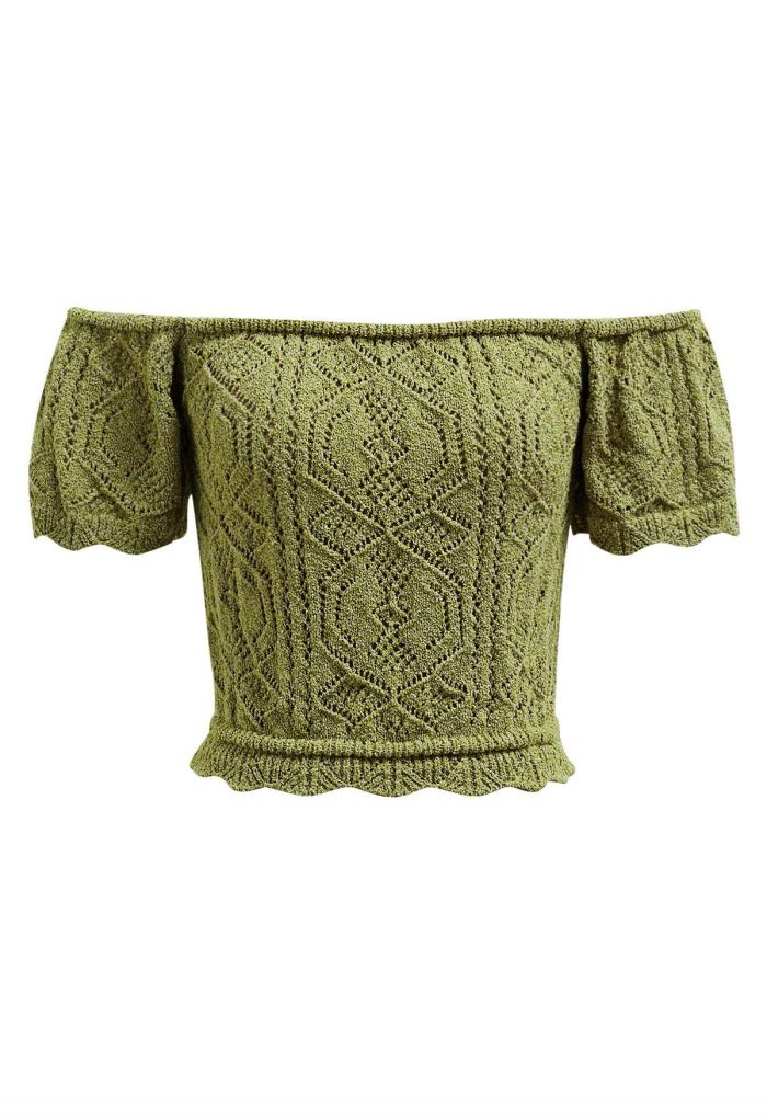 Off-Shoulder Eyelet Knit Crop Top in Green