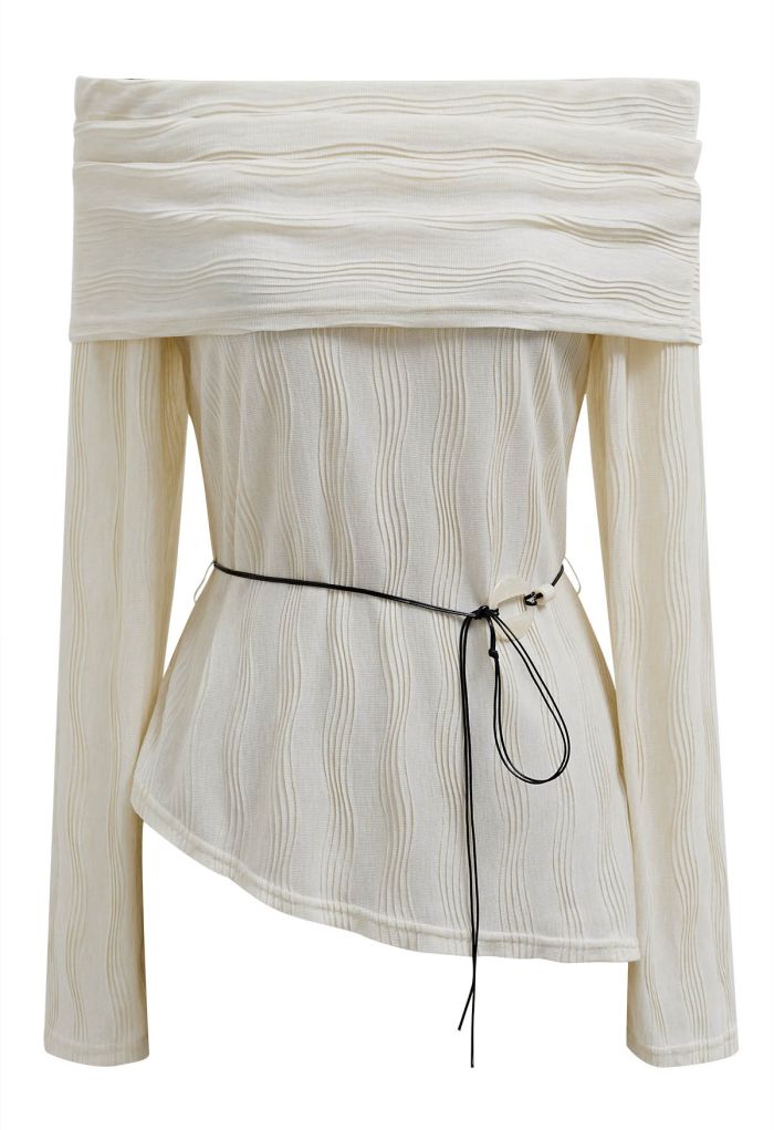 Flap Off-Shoulder Tie-Waist Asymmetric Knit Top in Cream