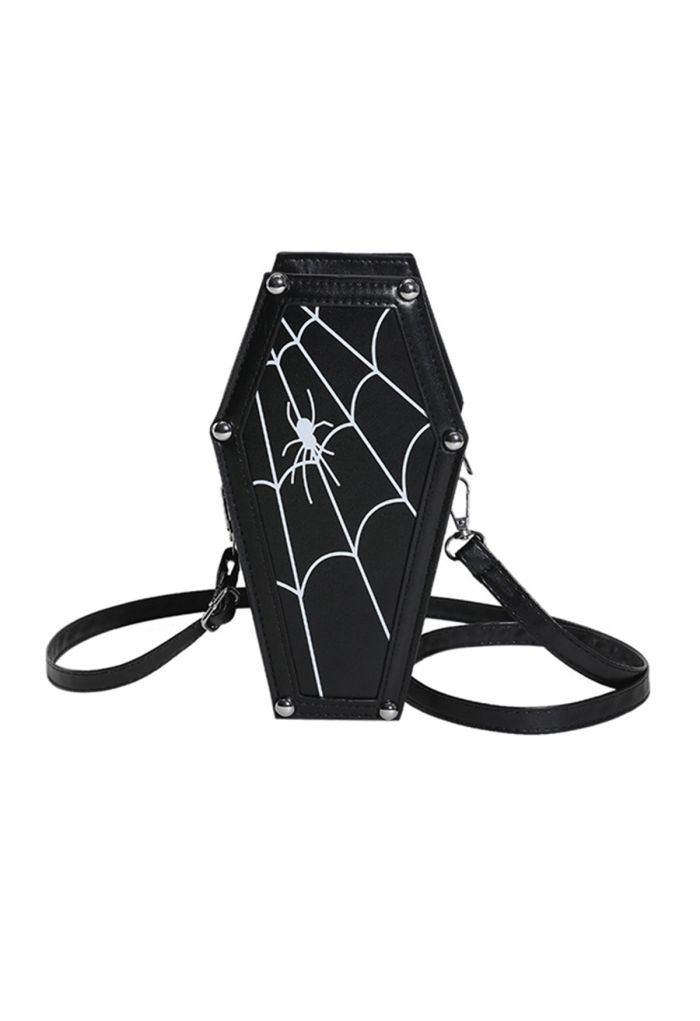 Spider Web PU Leather Coffin Crossbody Bag in Black