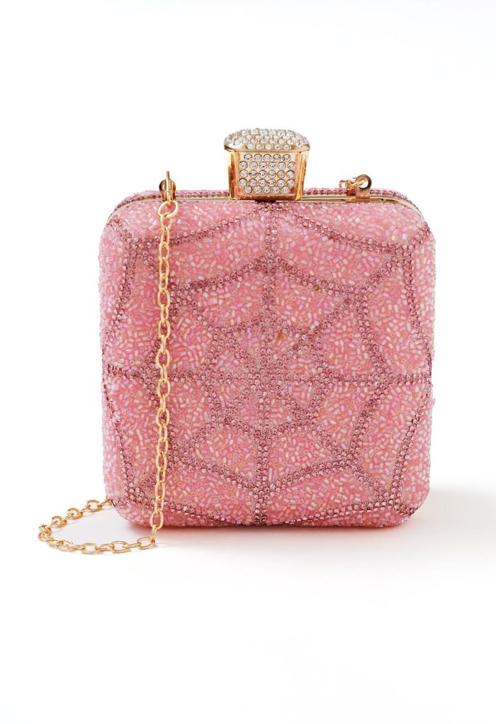 Spiderweb Rhinestone Square Clutch in Pink