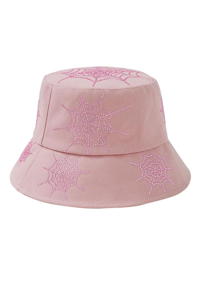 Rhinestone Spider Web Bucket Hat in Pink