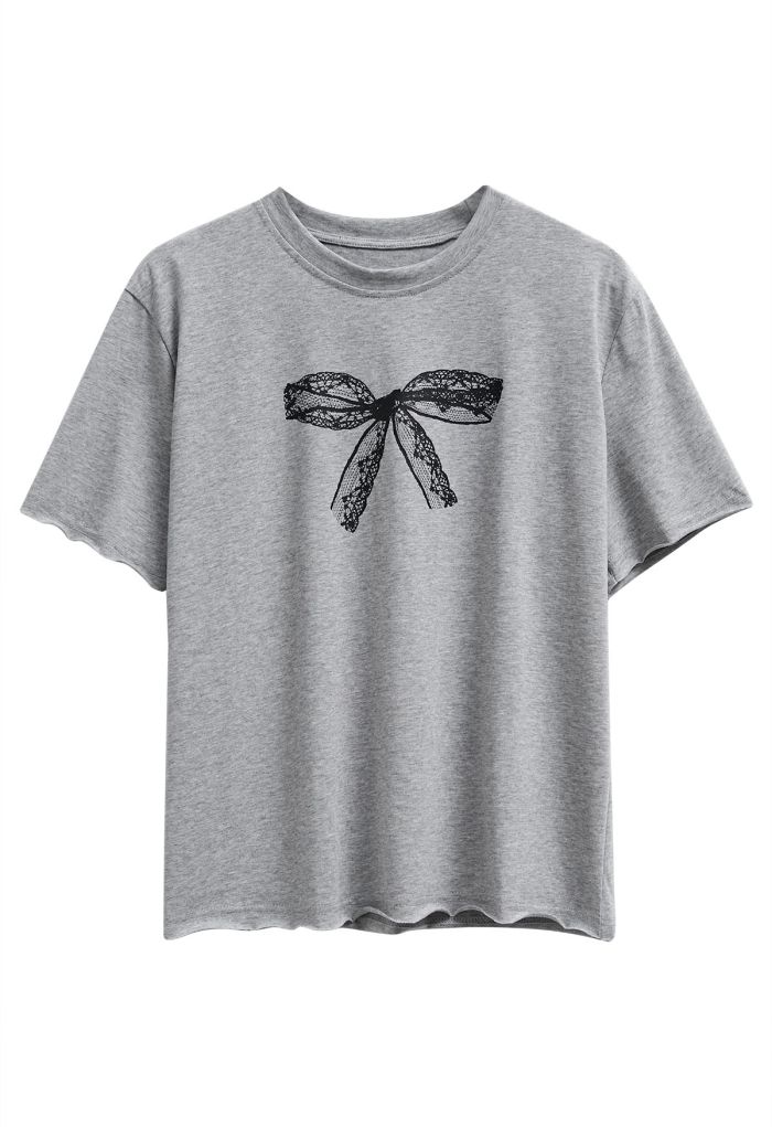 Bowknot Pattern Cotton T-Shirt in Grey
