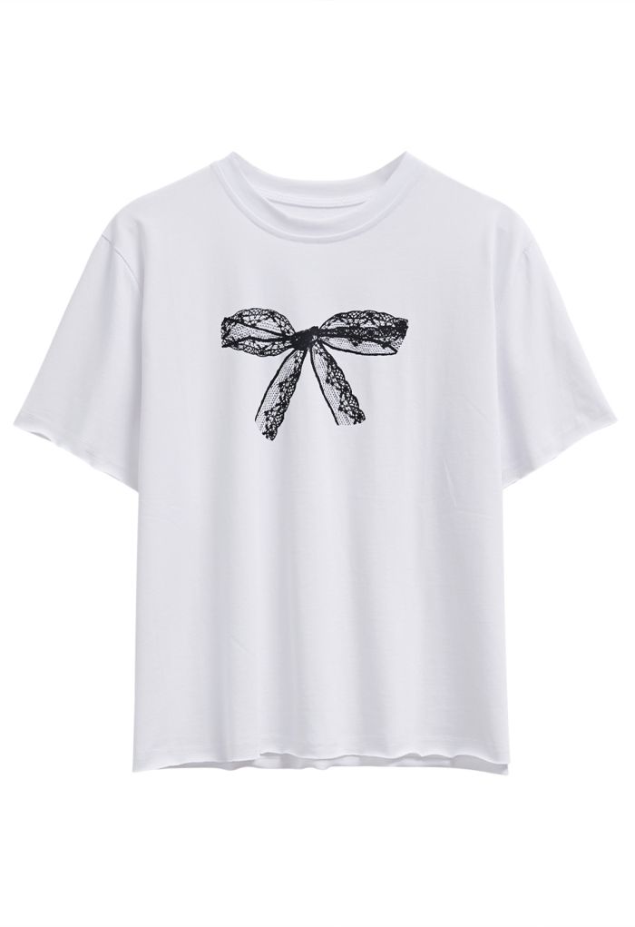 Bowknot Pattern Cotton T-Shirt in White