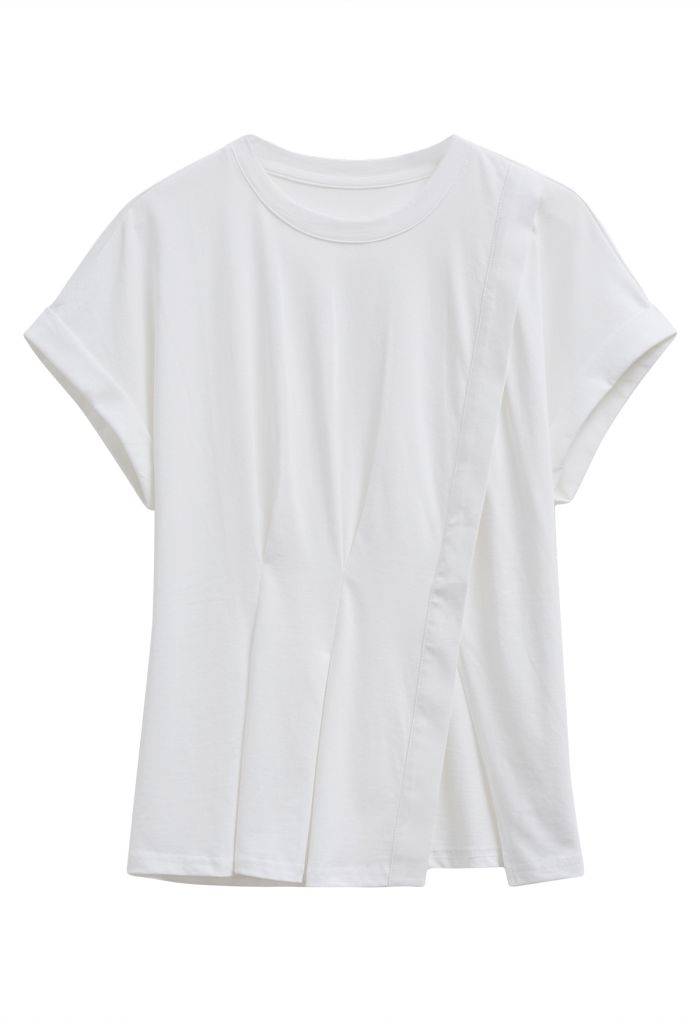 Asymmetric Slit Hem Rolled Cuffs Top in White