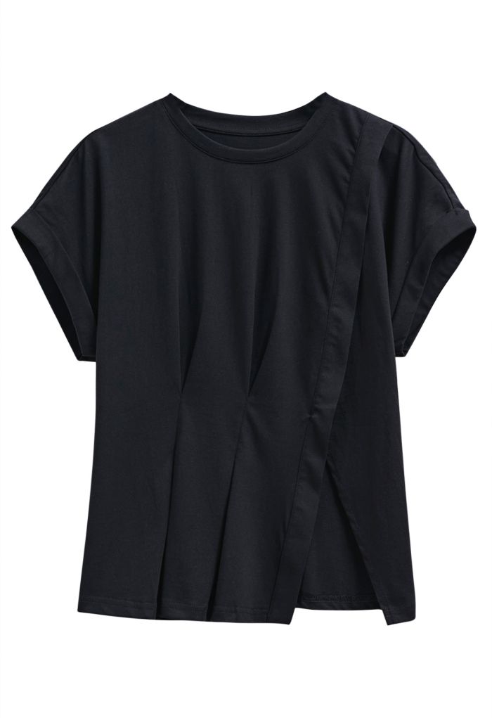 Asymmetric Slit Hem Rolled Cuffs Top in Black