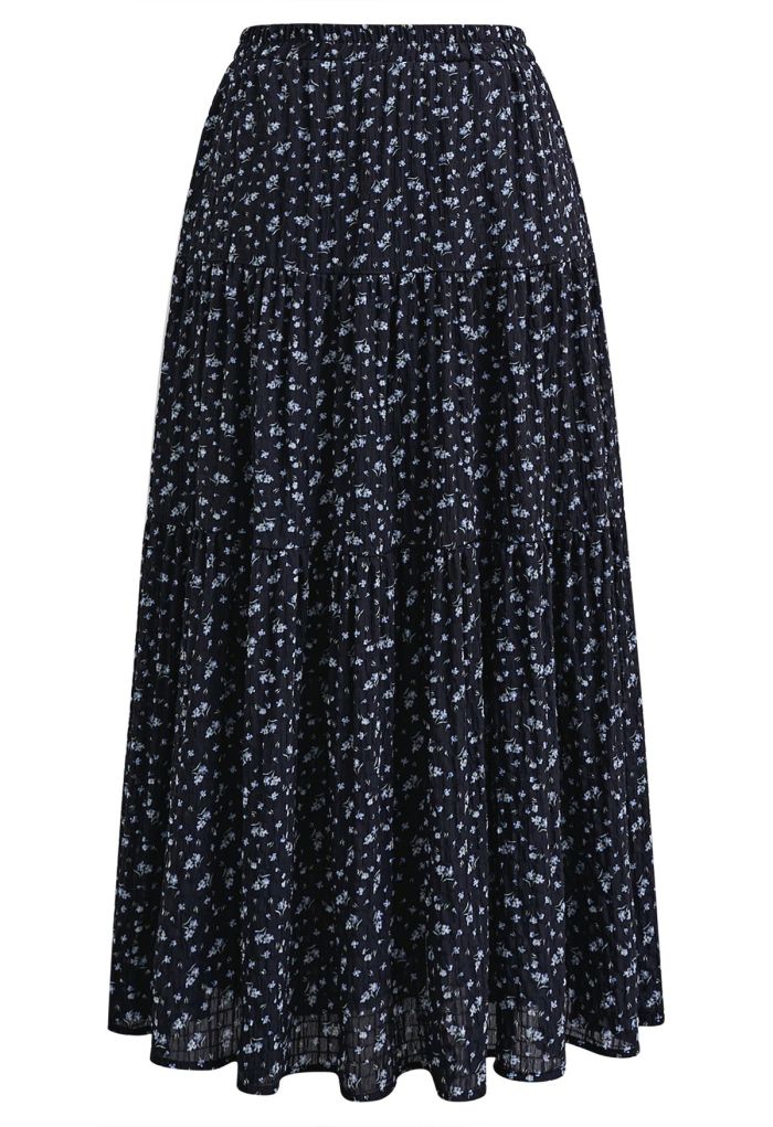 Posy Print Textured Tiered Maxi Skirt in Black