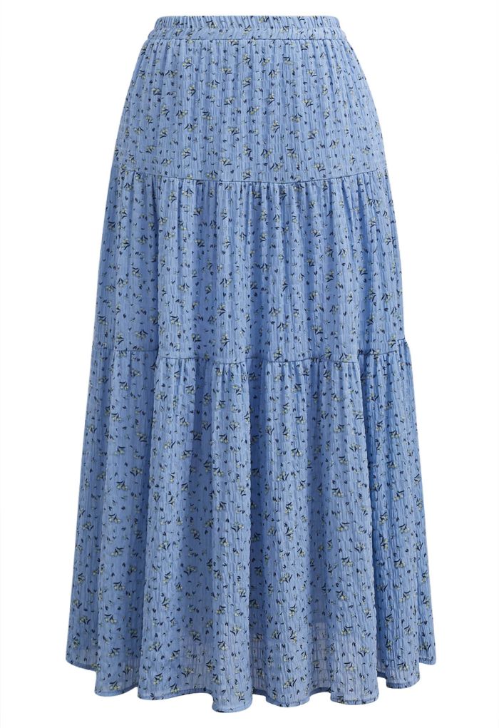 Posy Print Textured Tiered Maxi Skirt in Blue