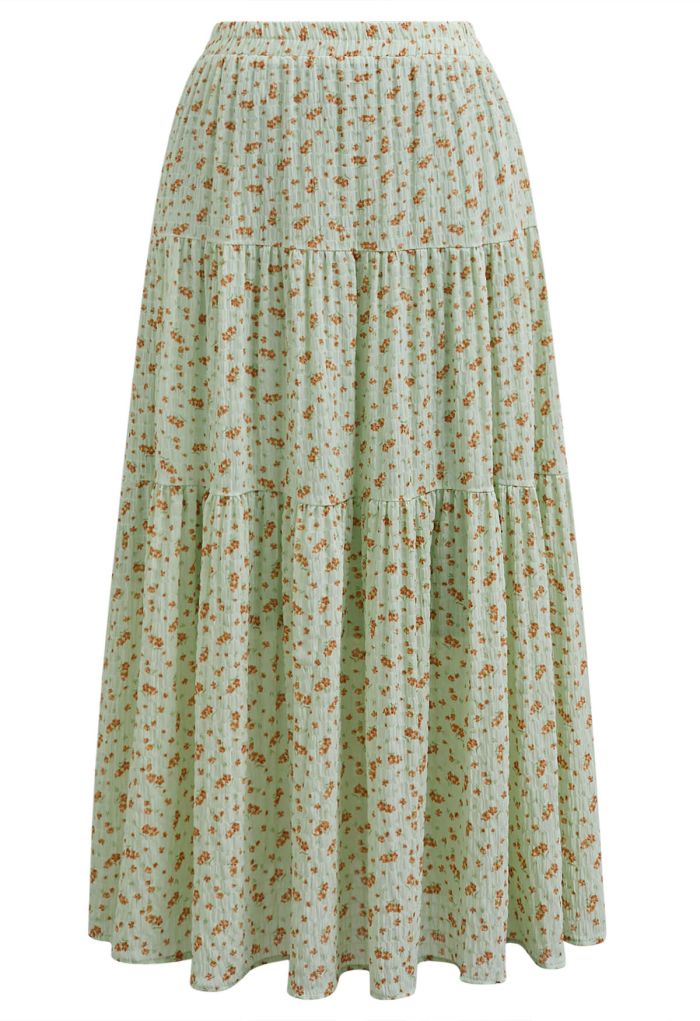 Posy Print Textured Tiered Maxi Skirt in Green